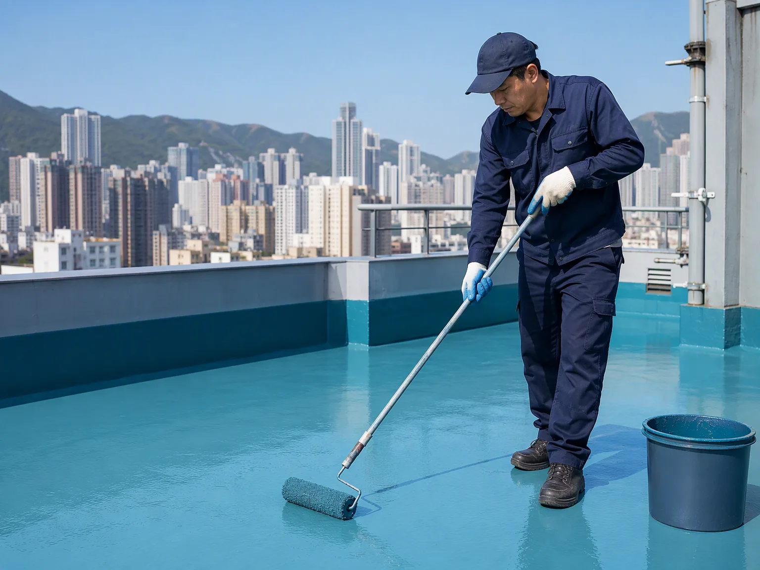 天台防水工程施工:技工塗刷液態防水膜